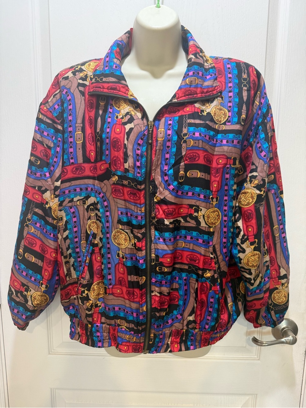 Vtg EVR Rousso Silk Bomber Jacket M Multi Color Chain Belt Medallion Print 90s